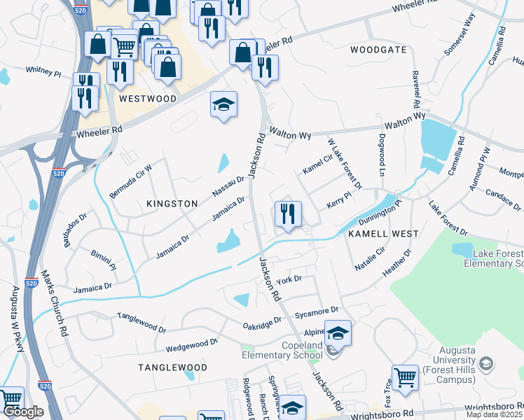 map of restaurants, bars, coffee shops, grocery stores, and more near 3104 Olde Brownstone Court in Augusta