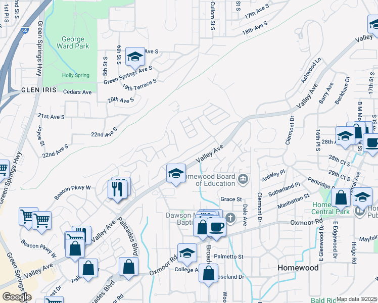 map of restaurants, bars, coffee shops, grocery stores, and more near 919 Mansard Drive in Homewood