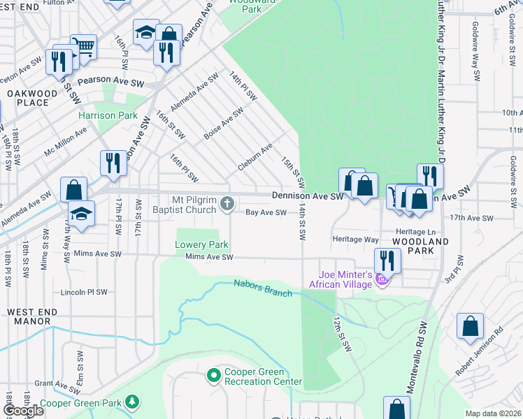 map of restaurants, bars, coffee shops, grocery stores, and more near 1526 Bay Avenue Southwest in Birmingham