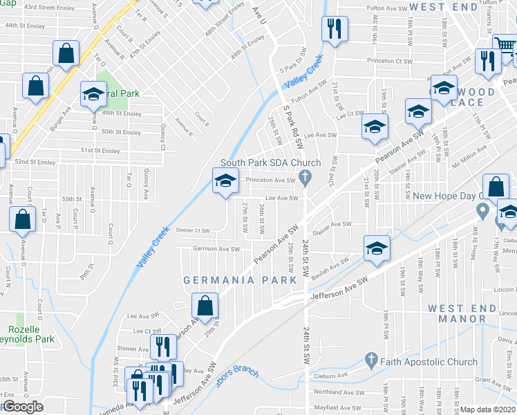 map of restaurants, bars, coffee shops, grocery stores, and more near 615 26th Street Southwest in Birmingham