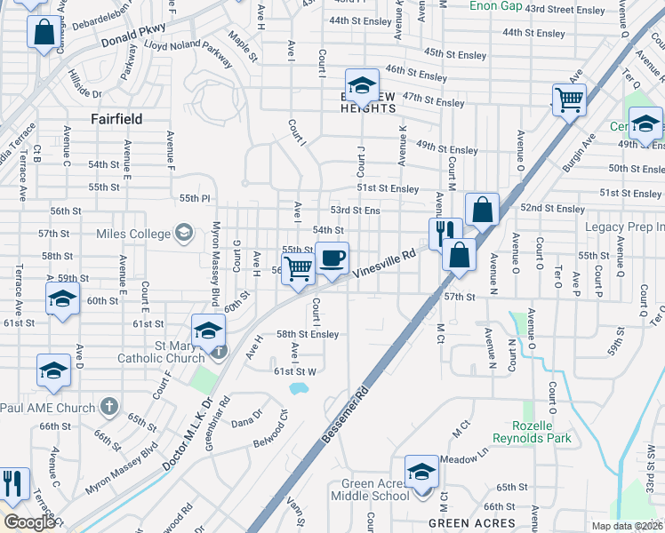 map of restaurants, bars, coffee shops, grocery stores, and more near 5521 Avenue J in Birmingham