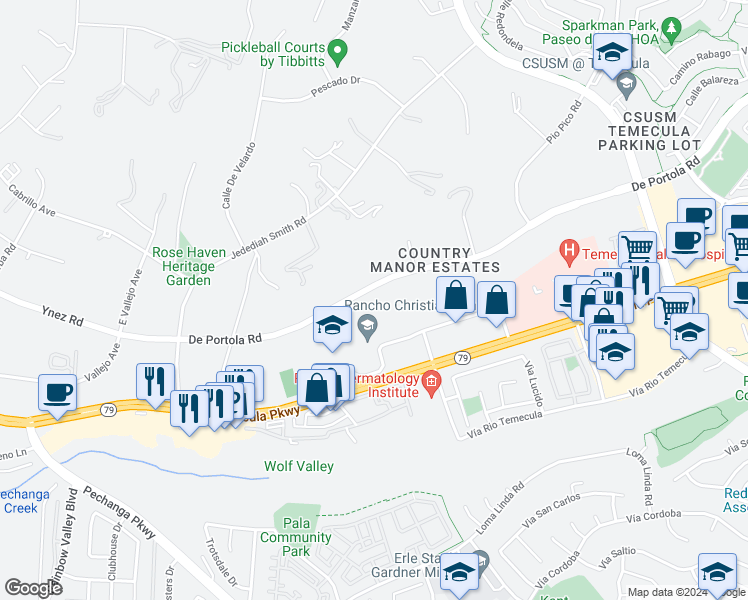 map of restaurants, bars, coffee shops, grocery stores, and more near 30451 De Portola Road in Temecula