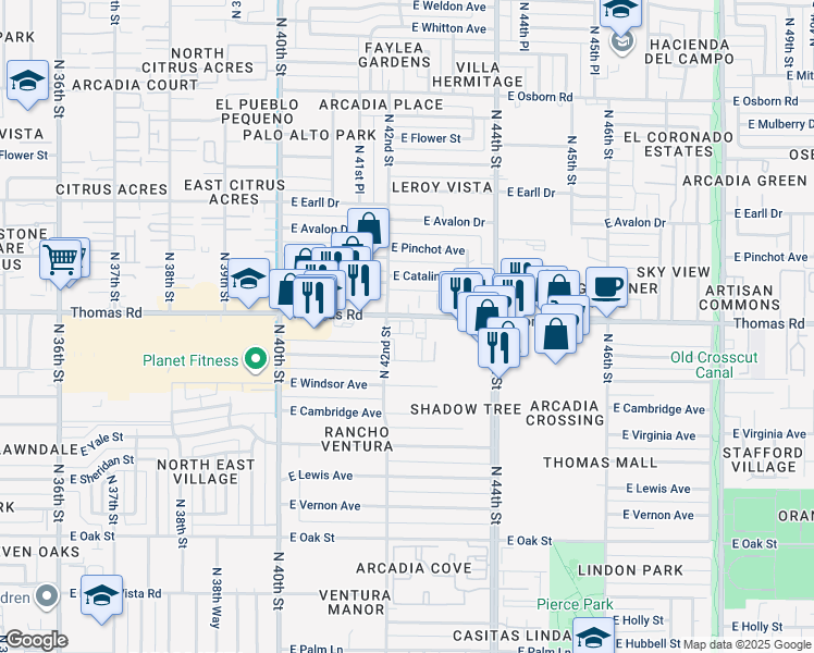 map of restaurants, bars, coffee shops, grocery stores, and more near 4231 East Thomas Road in Phoenix