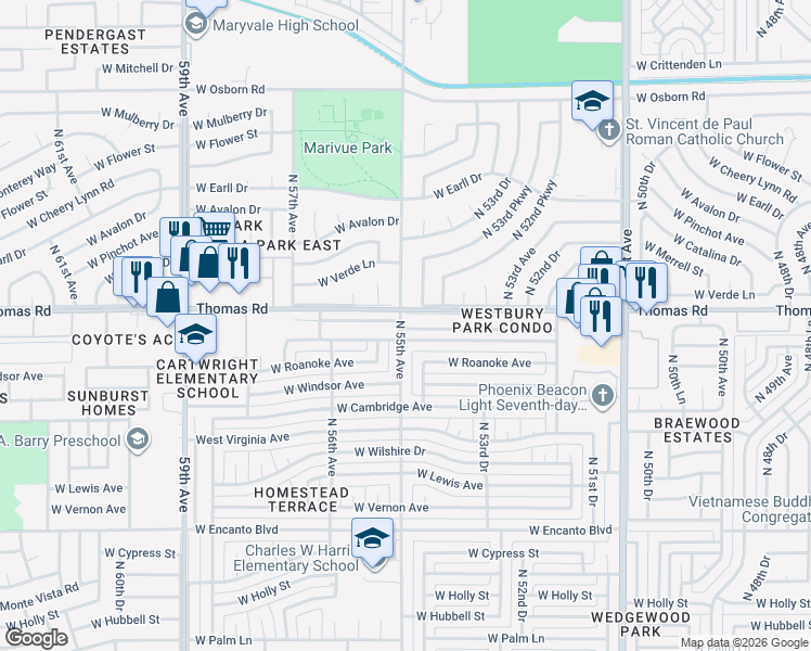 map of restaurants, bars, coffee shops, grocery stores, and more near 5461 West Thomas Road in Phoenix