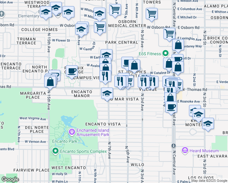 map of restaurants, bars, coffee shops, grocery stores, and more near 521 West Thomas Road in Phoenix