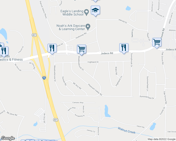 map of restaurants, bars, coffee shops, grocery stores, and more near 550 Meadowbrook Drive in McDonough