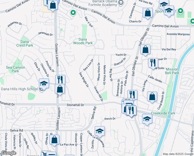 map of restaurants, bars, coffee shops, grocery stores, and more near 33231 Mesa Vista Drive in Dana Point