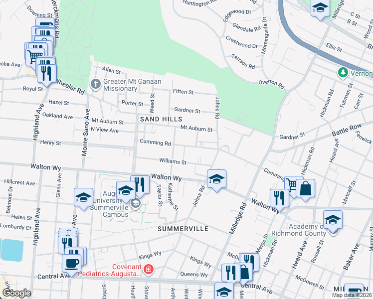 map of restaurants, bars, coffee shops, grocery stores, and more near 2360 Cumming Road in Augusta