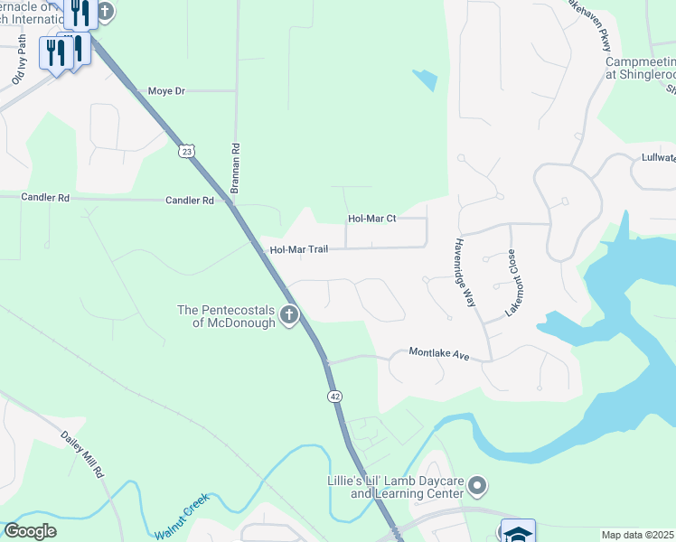 map of restaurants, bars, coffee shops, grocery stores, and more near 115 Brookhaven Lane in McDonough