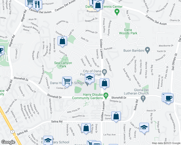 map of restaurants, bars, coffee shops, grocery stores, and more near 33252 Elisa Drive in Dana Point