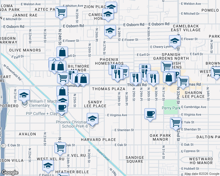 map of restaurants, bars, coffee shops, grocery stores, and more near 2701 East Thomas Road in Phoenix