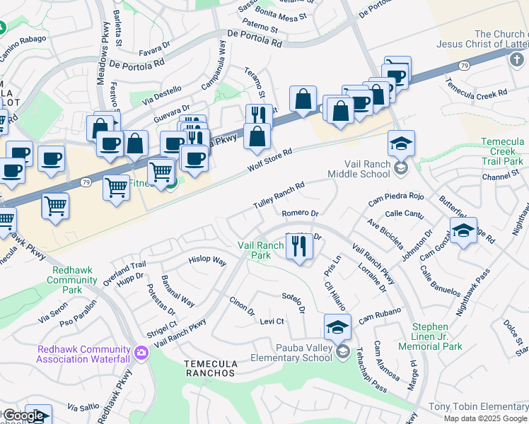 map of restaurants, bars, coffee shops, grocery stores, and more near 44552 Boguta Way in Temecula