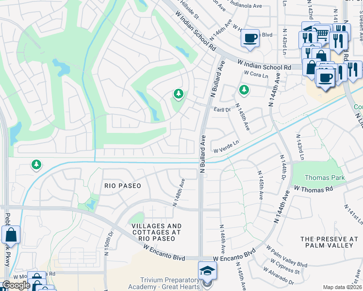 map of restaurants, bars, coffee shops, grocery stores, and more near 2965 North 148th Avenue in Goodyear