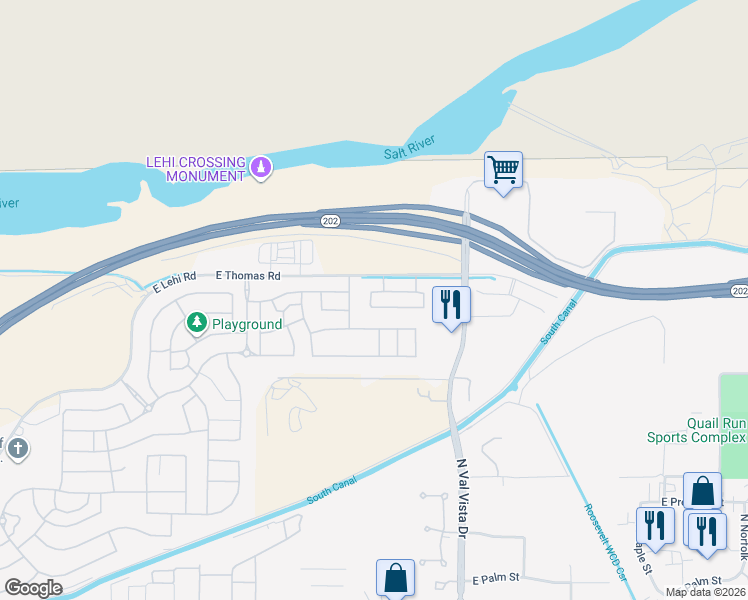 map of restaurants, bars, coffee shops, grocery stores, and more near 3425 East Thomas Road in Mesa