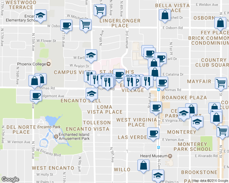 map of restaurants, bars, coffee shops, grocery stores, and more near 341 West Thomas Road in Phoenix