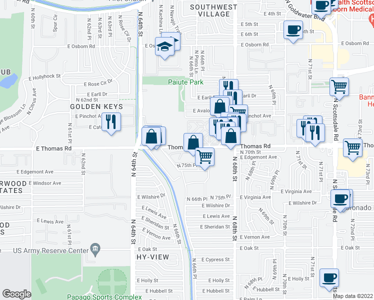 map of restaurants, bars, coffee shops, grocery stores, and more near 6565 East Thomas Road in Scottsdale