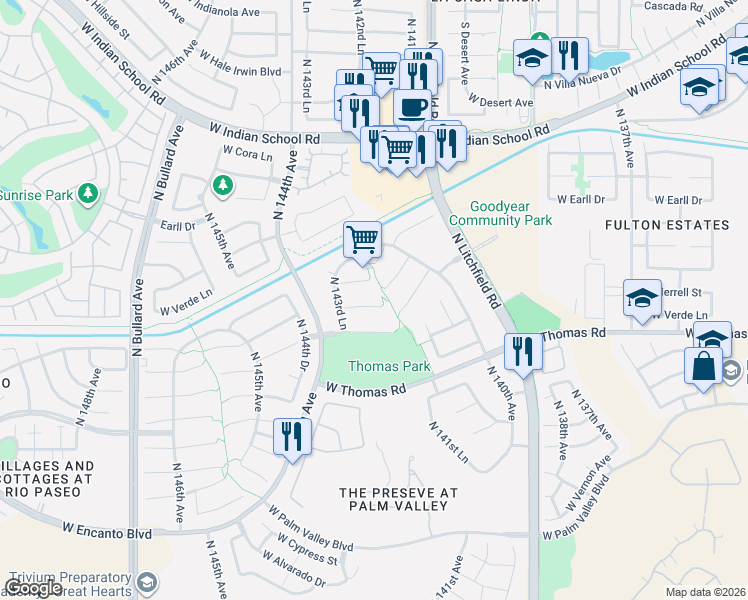 map of restaurants, bars, coffee shops, grocery stores, and more near 14250 West La Reata Avenue in Goodyear
