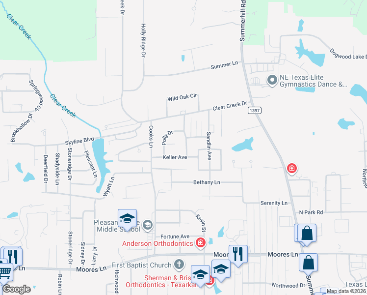 map of restaurants, bars, coffee shops, grocery stores, and more near 6105 Ben Burrough Road in Texarkana