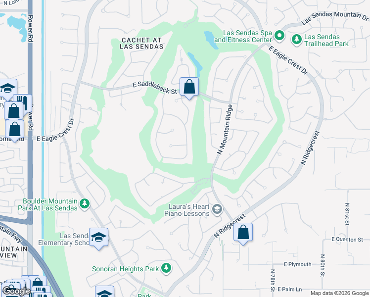 map of restaurants, bars, coffee shops, grocery stores, and more near 7365 East Rochelle Circle in Mesa