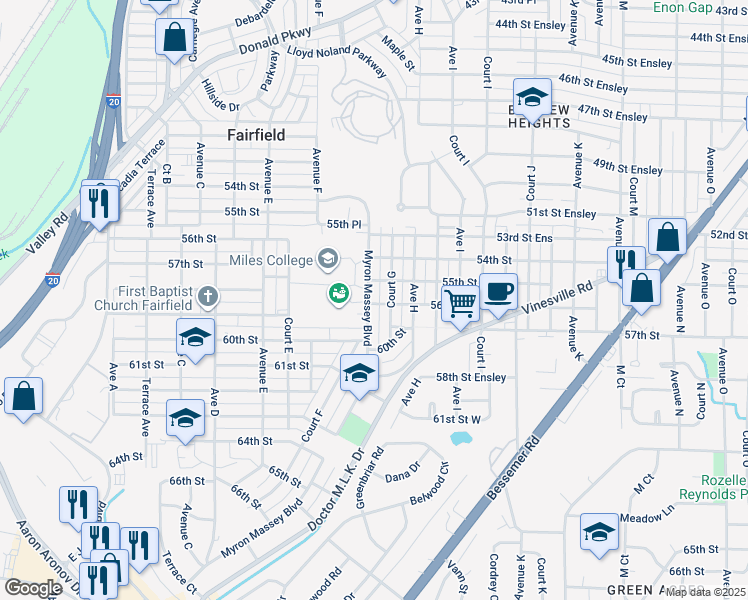 map of restaurants, bars, coffee shops, grocery stores, and more near 5511 Myron Massey Boulevard in Fairfield