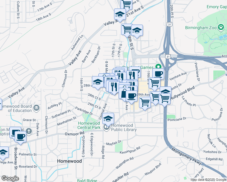 map of restaurants, bars, coffee shops, grocery stores, and more near 1701 28th Avenue South in Birmingham