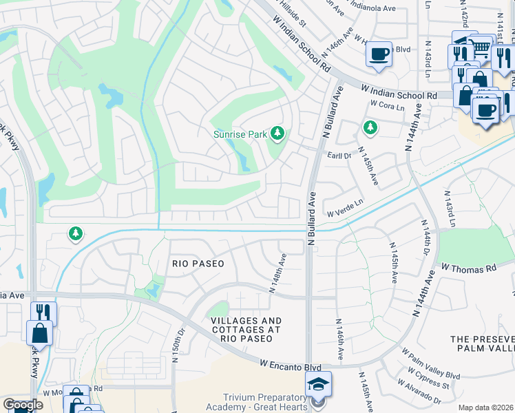 map of restaurants, bars, coffee shops, grocery stores, and more near 14841 West Merrell Street in Goodyear