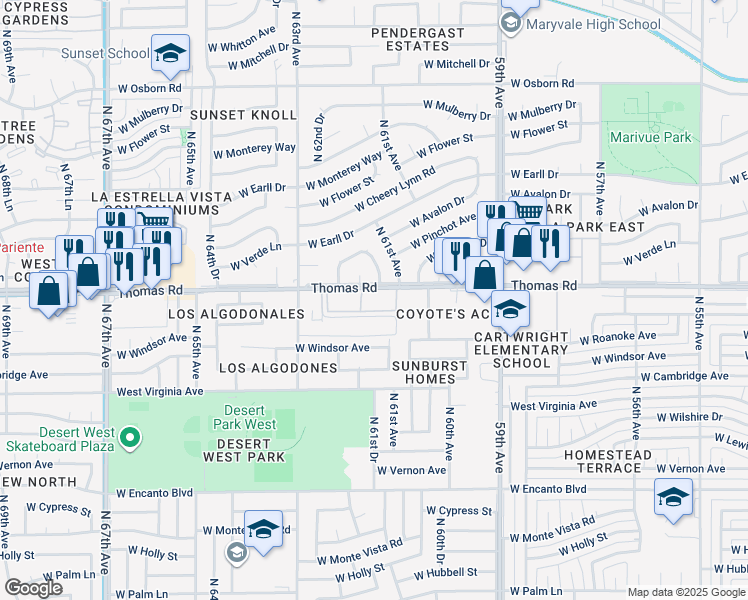 map of restaurants, bars, coffee shops, grocery stores, and more near 6131 West Thomas Road in Phoenix