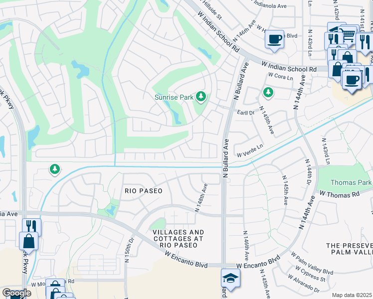 map of restaurants, bars, coffee shops, grocery stores, and more near 14841 W Merrell St in Goodyear