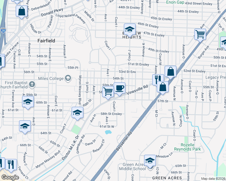 map of restaurants, bars, coffee shops, grocery stores, and more near 5516 Court I in Birmingham