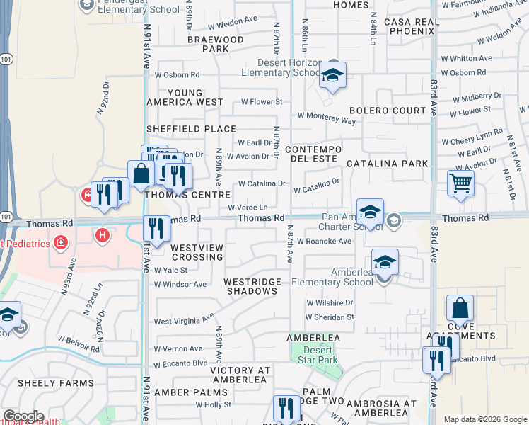 map of restaurants, bars, coffee shops, grocery stores, and more near 8739 W Verde Ln in Phoenix