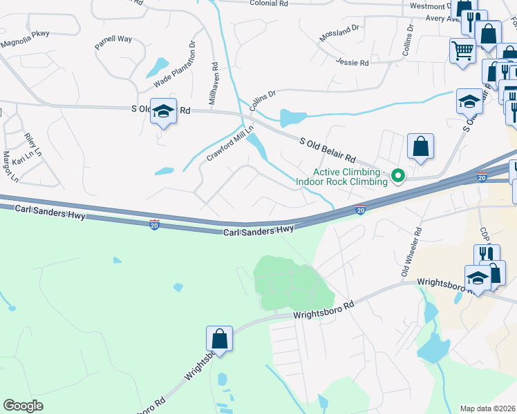 map of restaurants, bars, coffee shops, grocery stores, and more near 4534 Caliburn Way in Grovetown