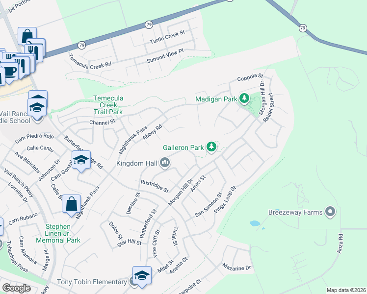 map of restaurants, bars, coffee shops, grocery stores, and more near 34066 Galleron Street in Temecula