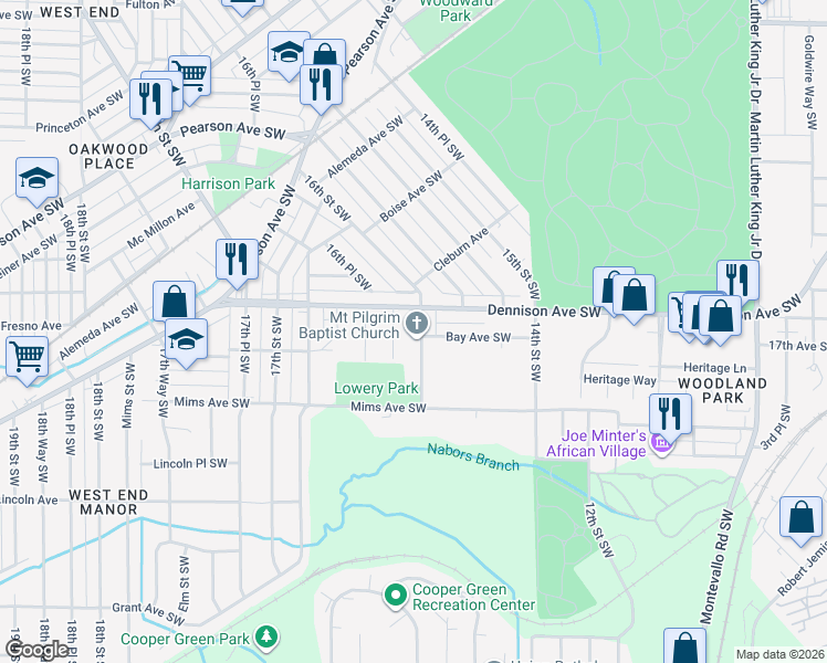 map of restaurants, bars, coffee shops, grocery stores, and more near 1340 16th Street Southwest in Birmingham