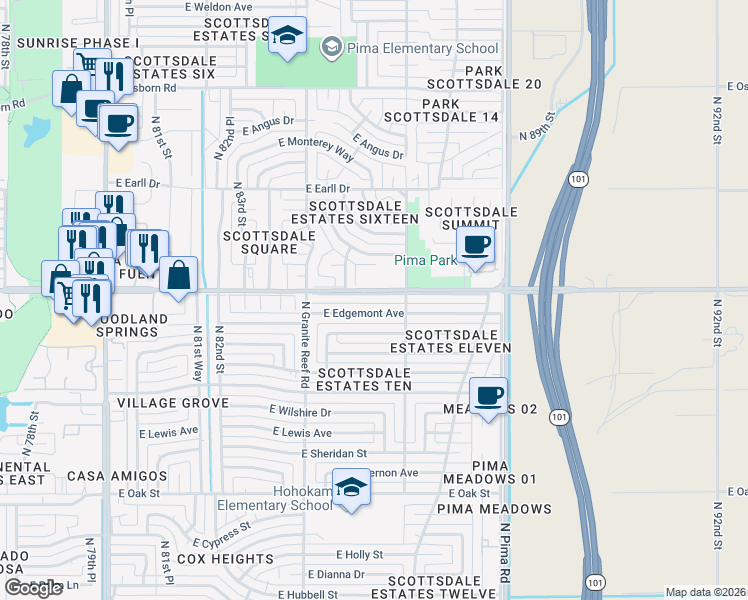 map of restaurants, bars, coffee shops, grocery stores, and more near 8529 East Thomas Road in Scottsdale