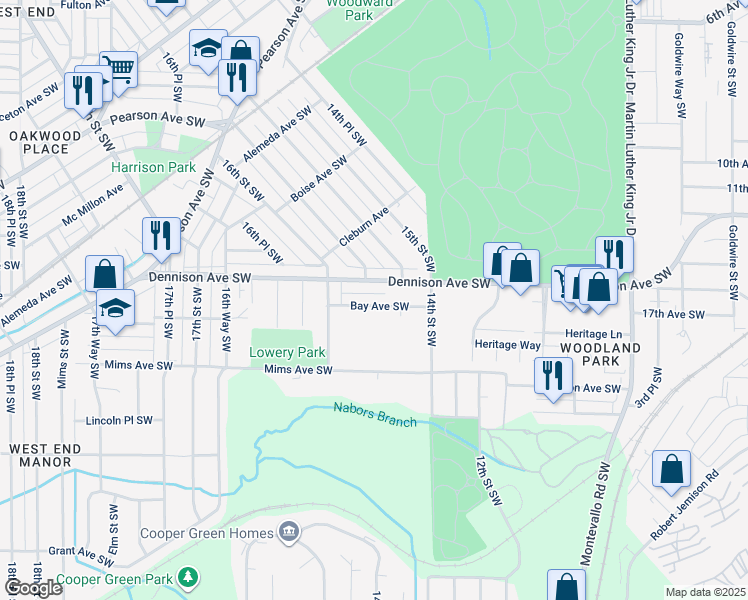 map of restaurants, bars, coffee shops, grocery stores, and more near 1526 Bay Avenue Southwest in Birmingham