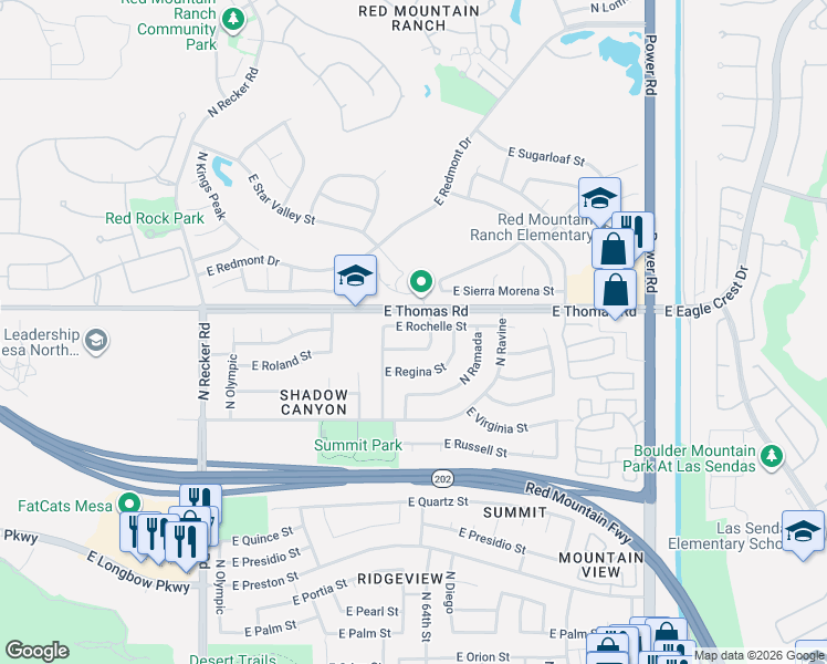 map of restaurants, bars, coffee shops, grocery stores, and more near 6343 East Rochelle Street in Mesa