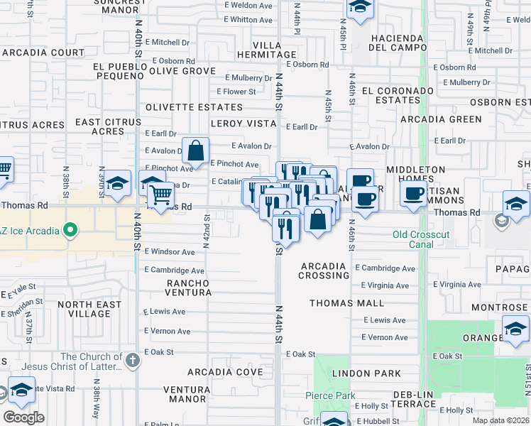 map of restaurants, bars, coffee shops, grocery stores, and more near 4341 East Thomas Road in Phoenix