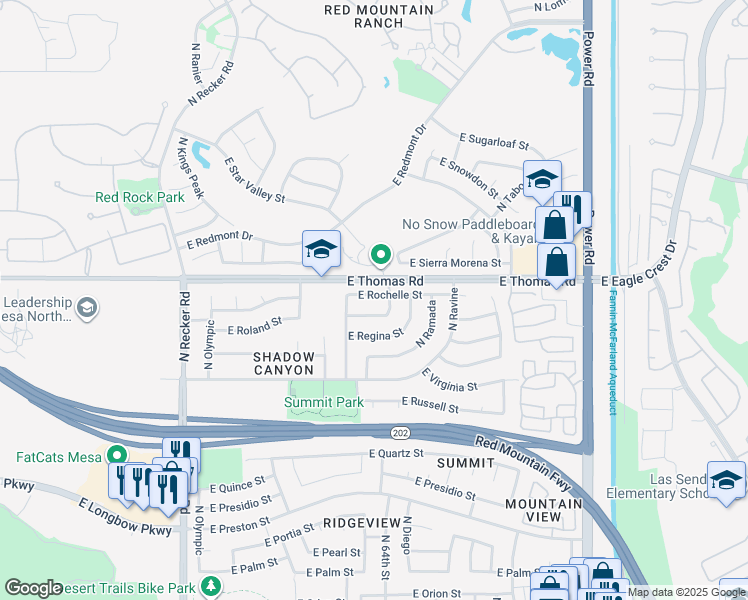 map of restaurants, bars, coffee shops, grocery stores, and more near 6343 East Rochelle Street in Mesa