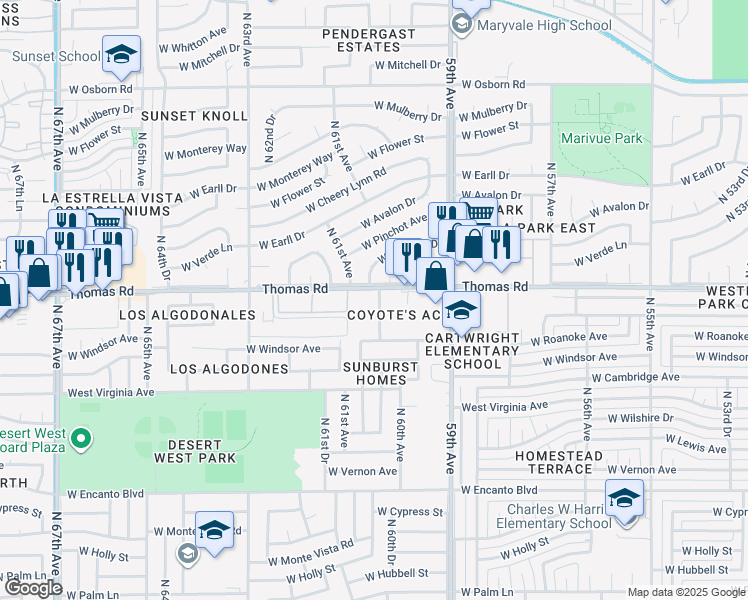 map of restaurants, bars, coffee shops, grocery stores, and more near 6041 West Thomas Road in Phoenix