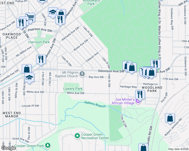 map of restaurants, bars, coffee shops, grocery stores, and more near 1526 Bay Avenue Southwest in Birmingham