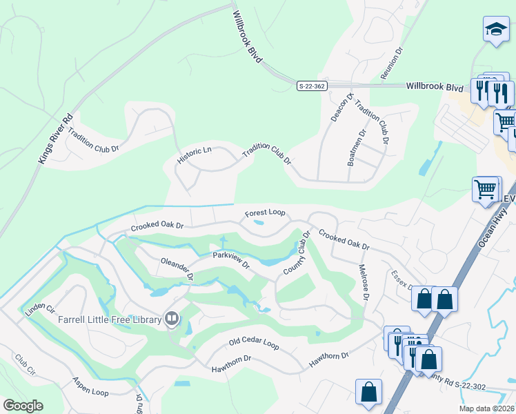 map of restaurants, bars, coffee shops, grocery stores, and more near 134 Forest Loop in Pawleys Island