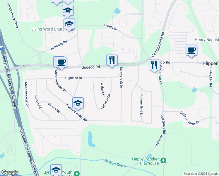 map of restaurants, bars, coffee shops, grocery stores, and more near 165 Highland Circle in McDonough
