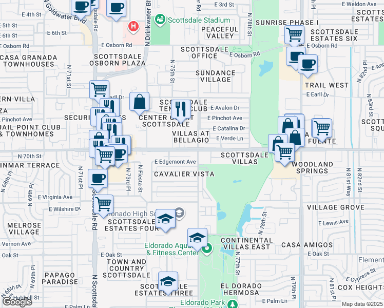 map of restaurants, bars, coffee shops, grocery stores, and more near 7543 East Thomas Road in Scottsdale