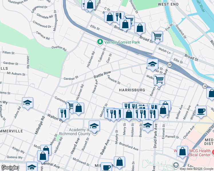 map of restaurants, bars, coffee shops, grocery stores, and more near 2013 Starnes Street in Augusta