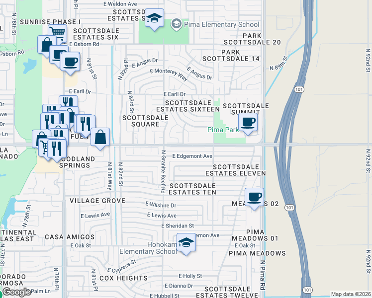 map of restaurants, bars, coffee shops, grocery stores, and more near 8443 East Thomas Road in Scottsdale