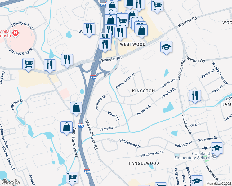 map of restaurants, bars, coffee shops, grocery stores, and more near 3629 Bermuda Circle East in Augusta