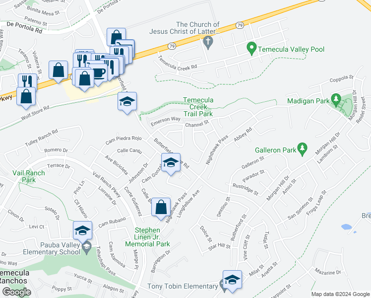 map of restaurants, bars, coffee shops, grocery stores, and more near 44486 Dorchester Drive in Temecula