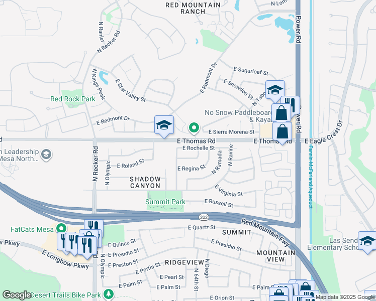 map of restaurants, bars, coffee shops, grocery stores, and more near 6343 East Rochelle Street in Mesa