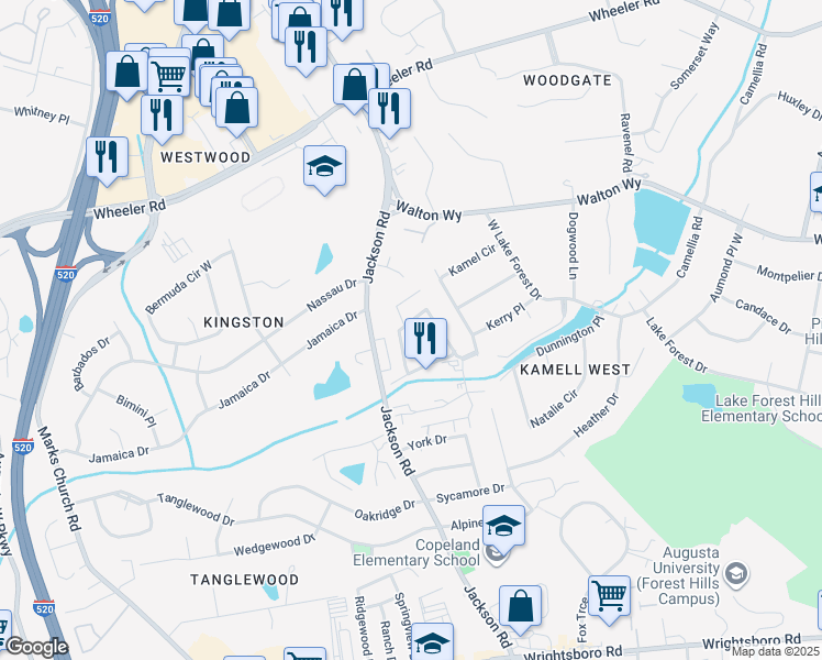 map of restaurants, bars, coffee shops, grocery stores, and more near 646 Center Court Drive in Augusta
