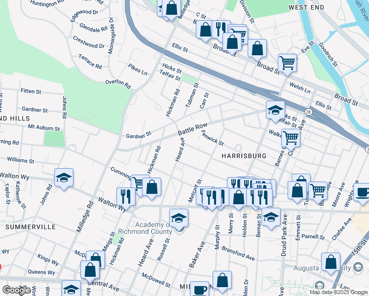 map of restaurants, bars, coffee shops, grocery stores, and more near 712 Heard Avenue in Augusta